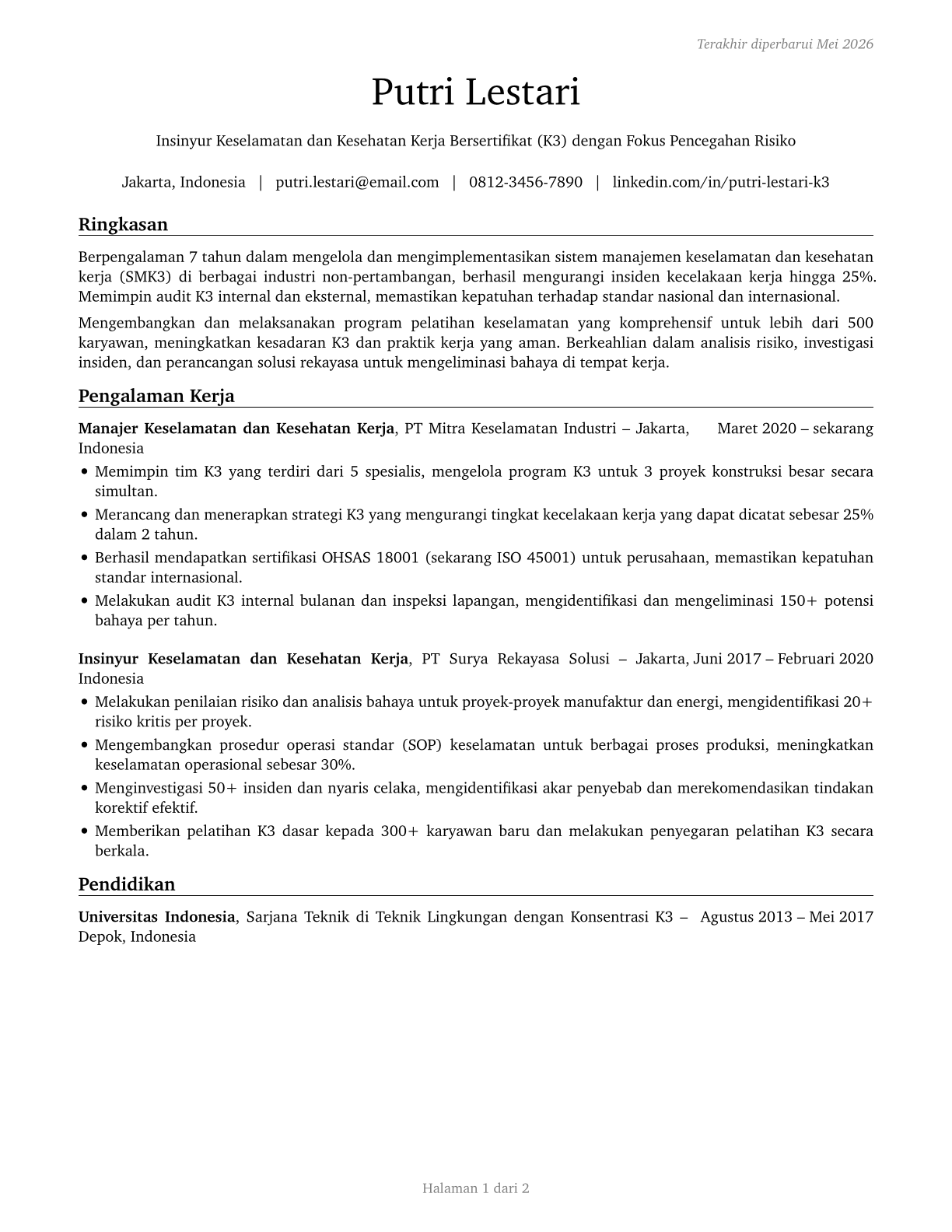 Health and Safety Engineers, Except Mining Safety Engineers and Inspectors CV in Indonesian — page 1