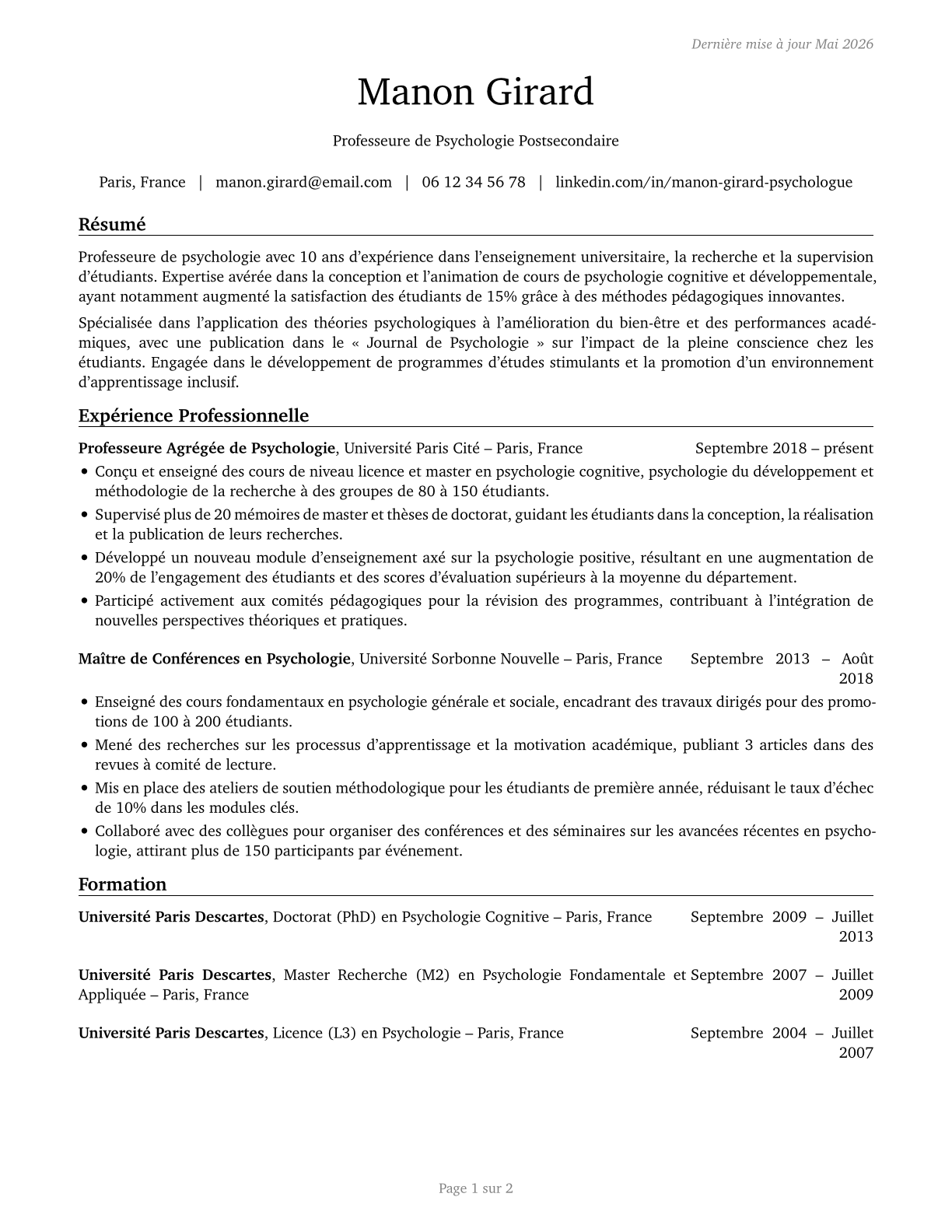 Psychology Teachers, Postsecondary CV in French — page 1