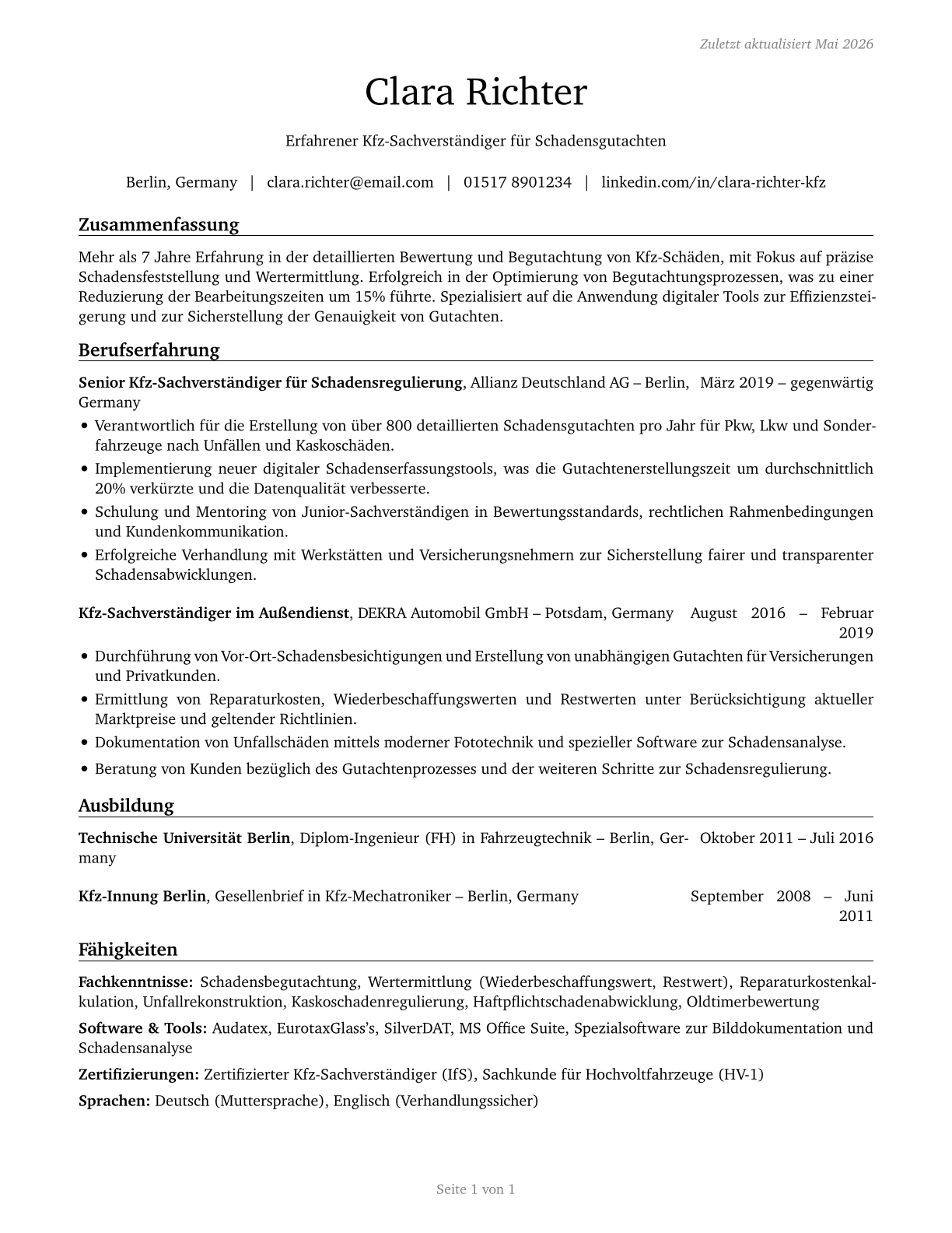 Insurance Appraisers, Auto Damage CV in German — page 1
