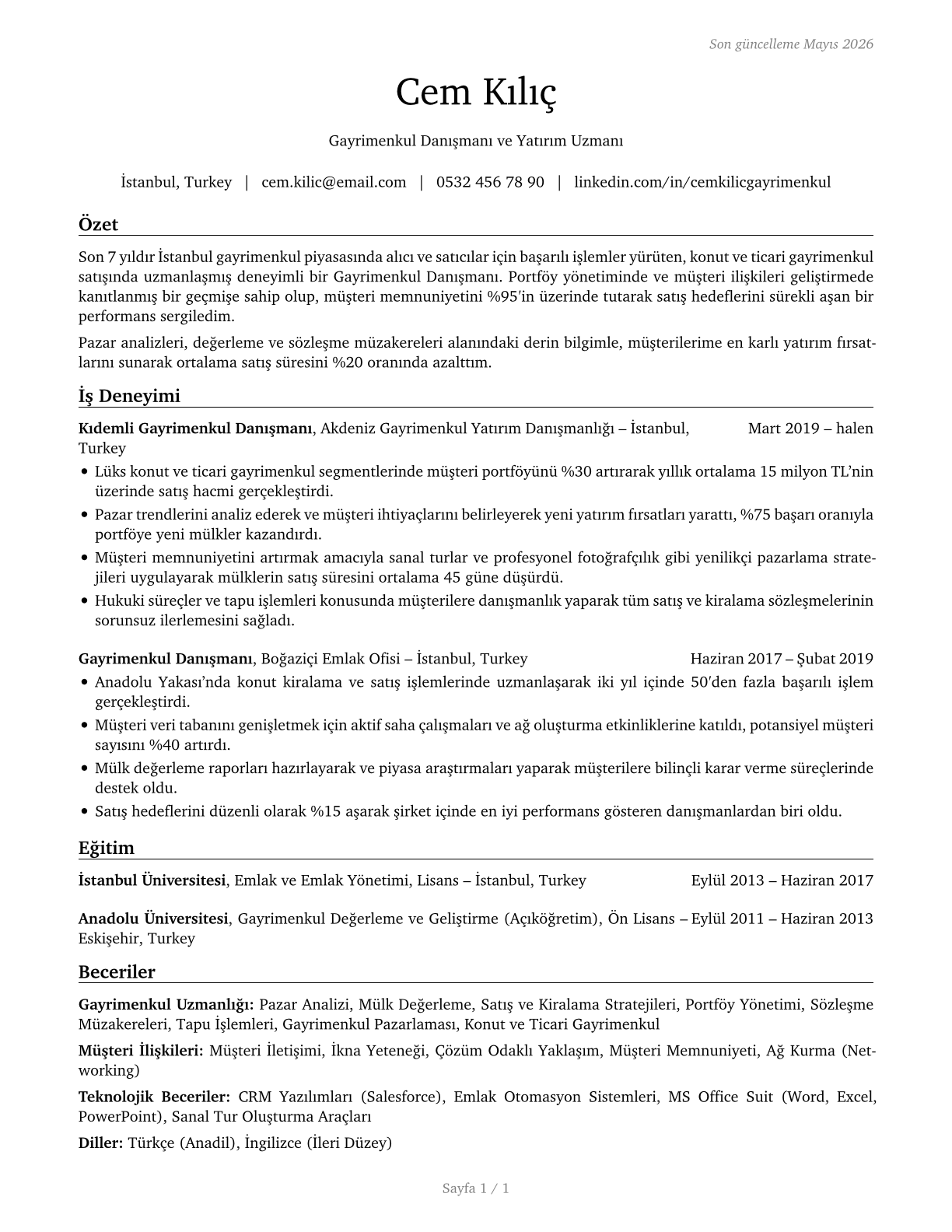 Real Estate Brokers CV in Turkish — page 1