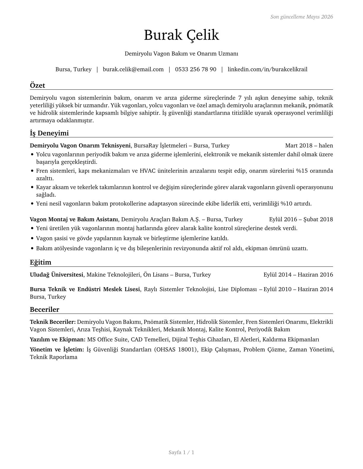 Rail Car Repairers CV in Turkish — page 1