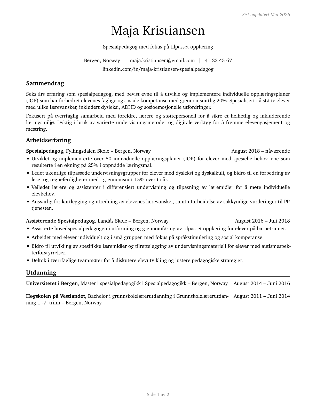 Special Education Teachers, All Other CV in Norwegian_bokmal — page 1