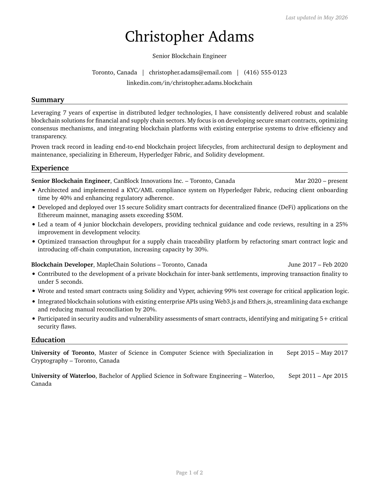 Blockchain Engineers CV in English — page 1