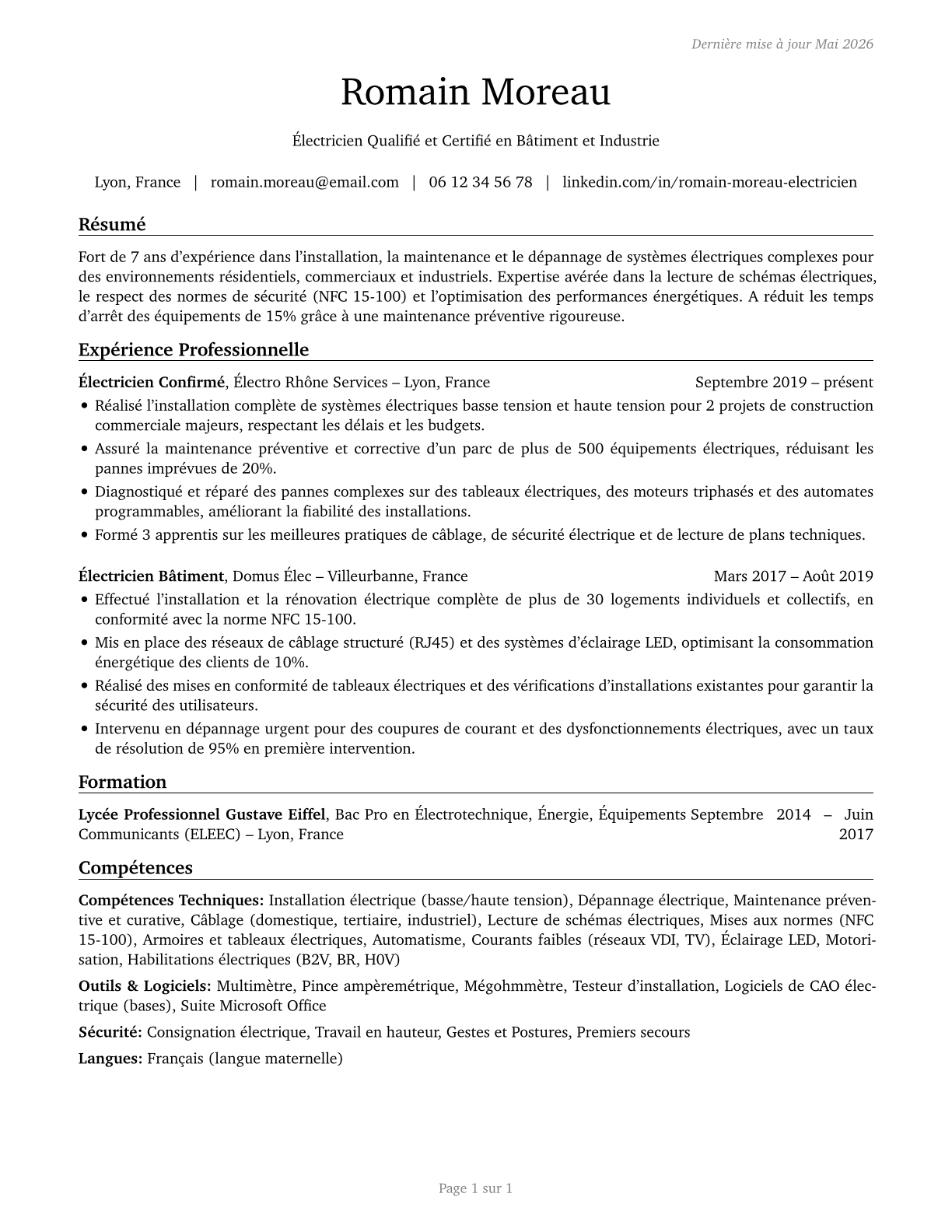 Electricians CV in French — page 1