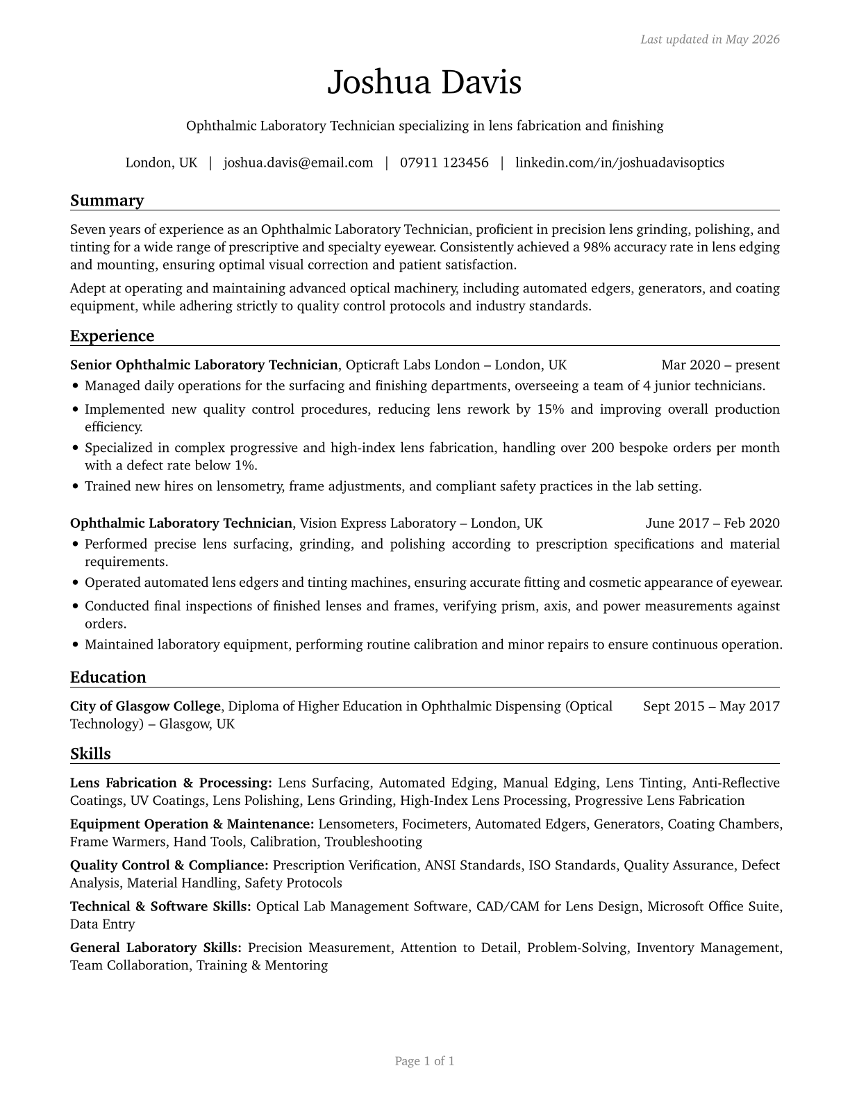 Ophthalmic Laboratory Technicians CV in English — page 1