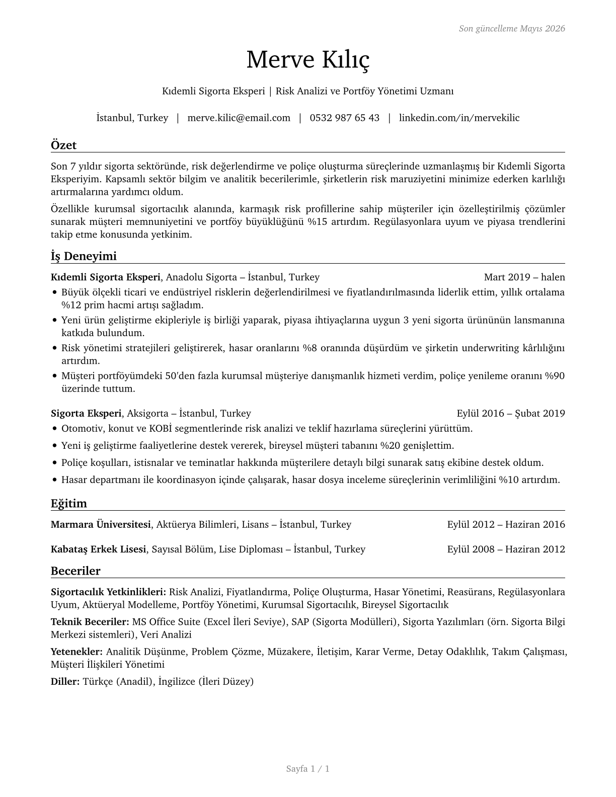 Insurance Underwriters CV in Turkish — page 1