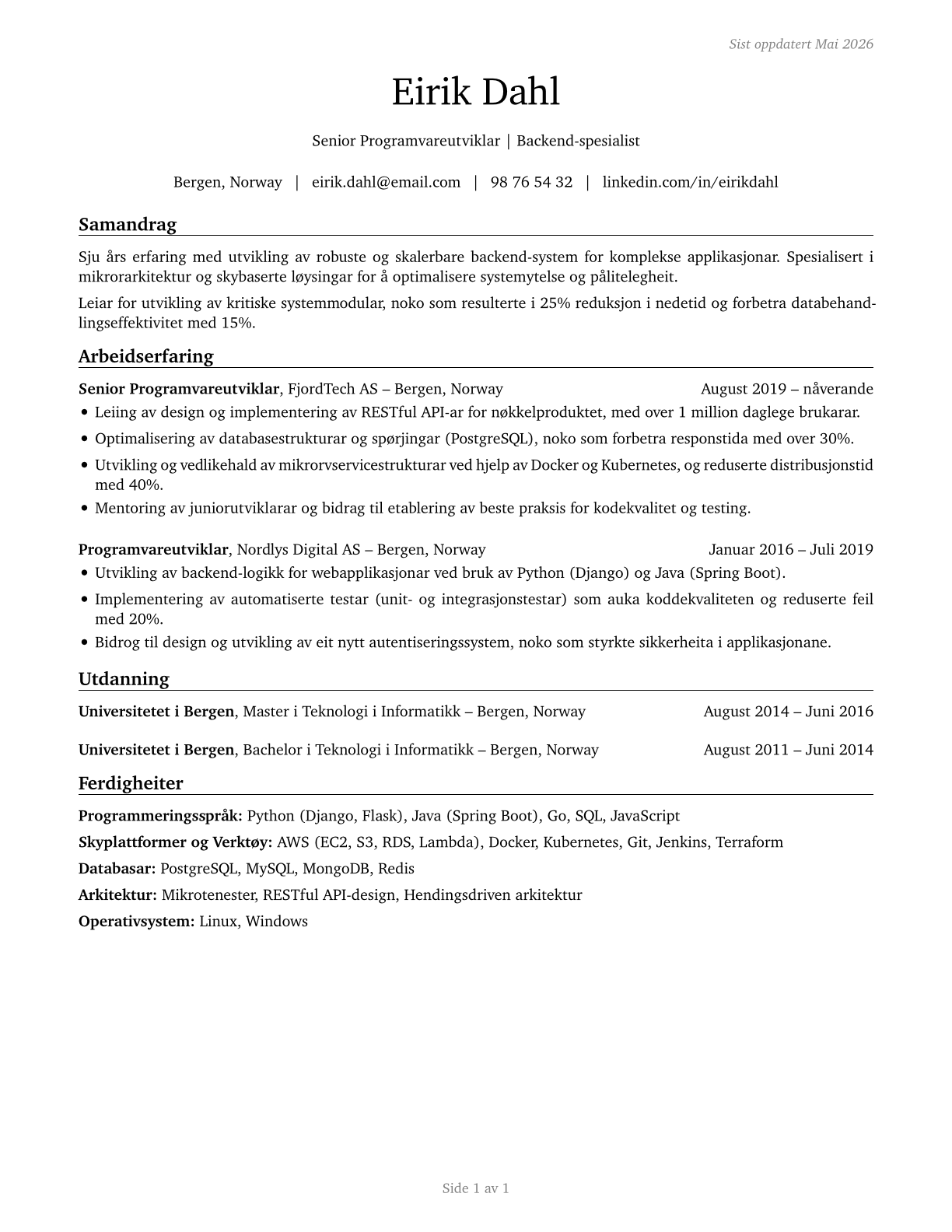 Computer Programmers CV in Norwegian_nynorsk — page 1