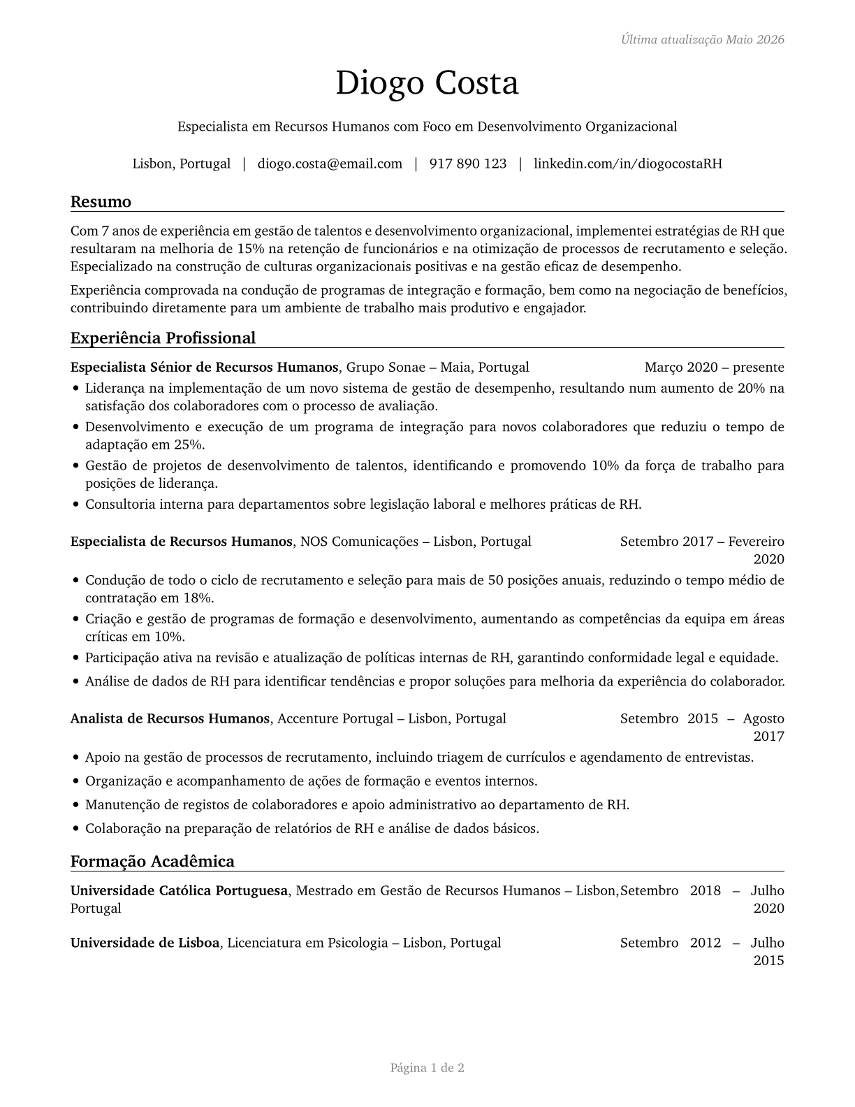 Human Resources Specialists CV in Portuguese — page 1