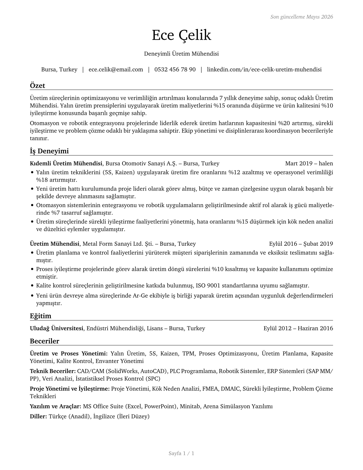 Manufacturing Engineers CV in Turkish — page 1