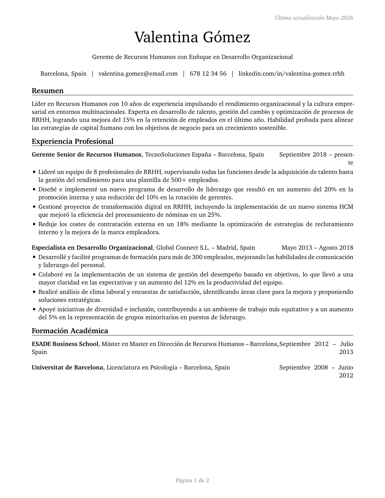 Human Resources Managers CV in Spanish — page 1