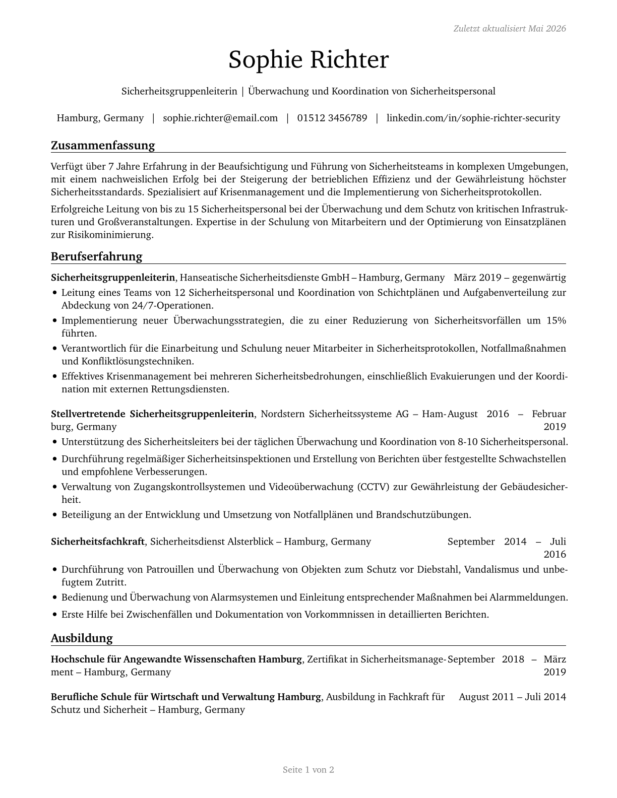 First-Line Supervisors of Security Workers CV in German — page 1