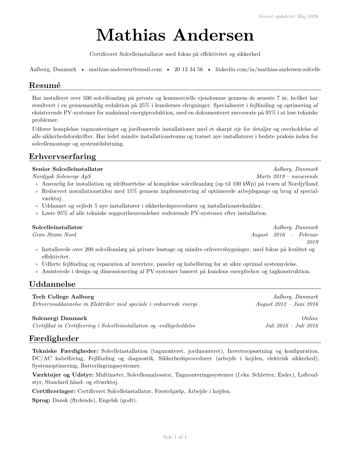Solar Photovoltaic Installers CV in Danish — page 1