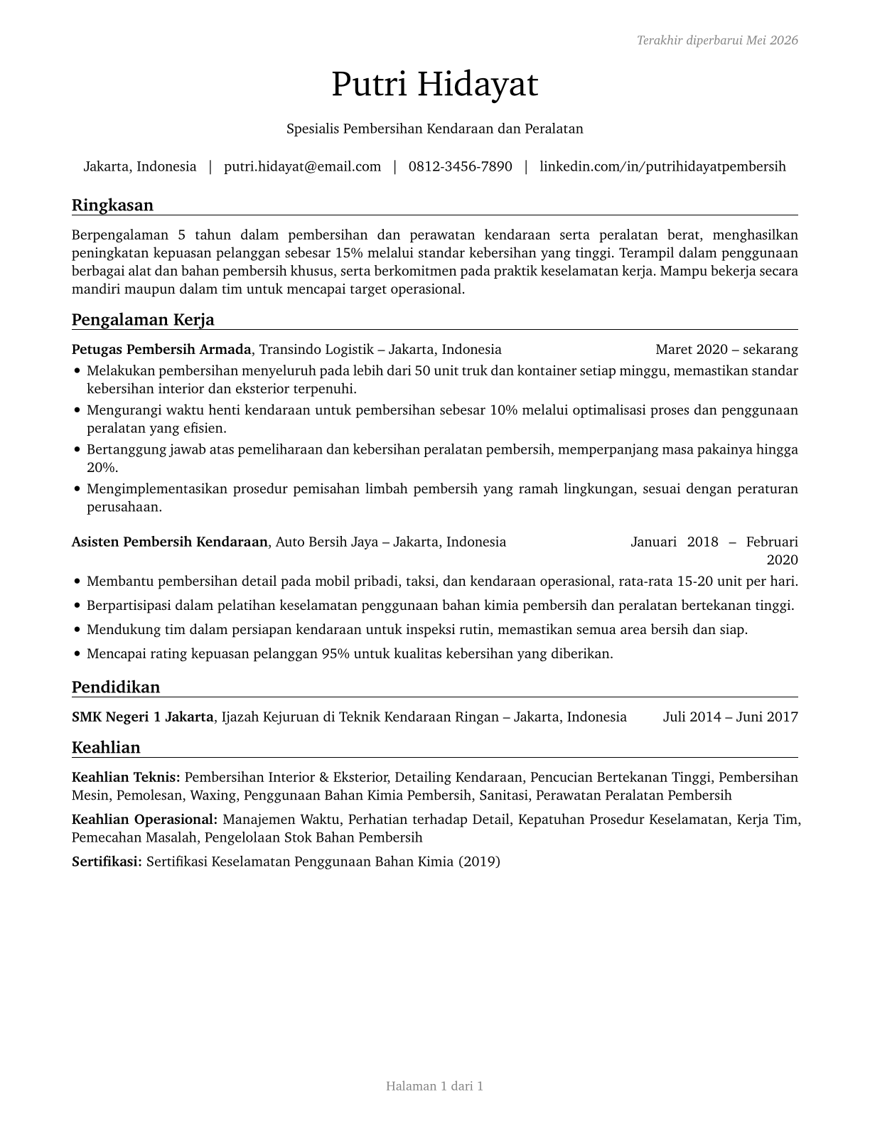 Cleaners of Vehicles and Equipment CV in Indonesian — page 1