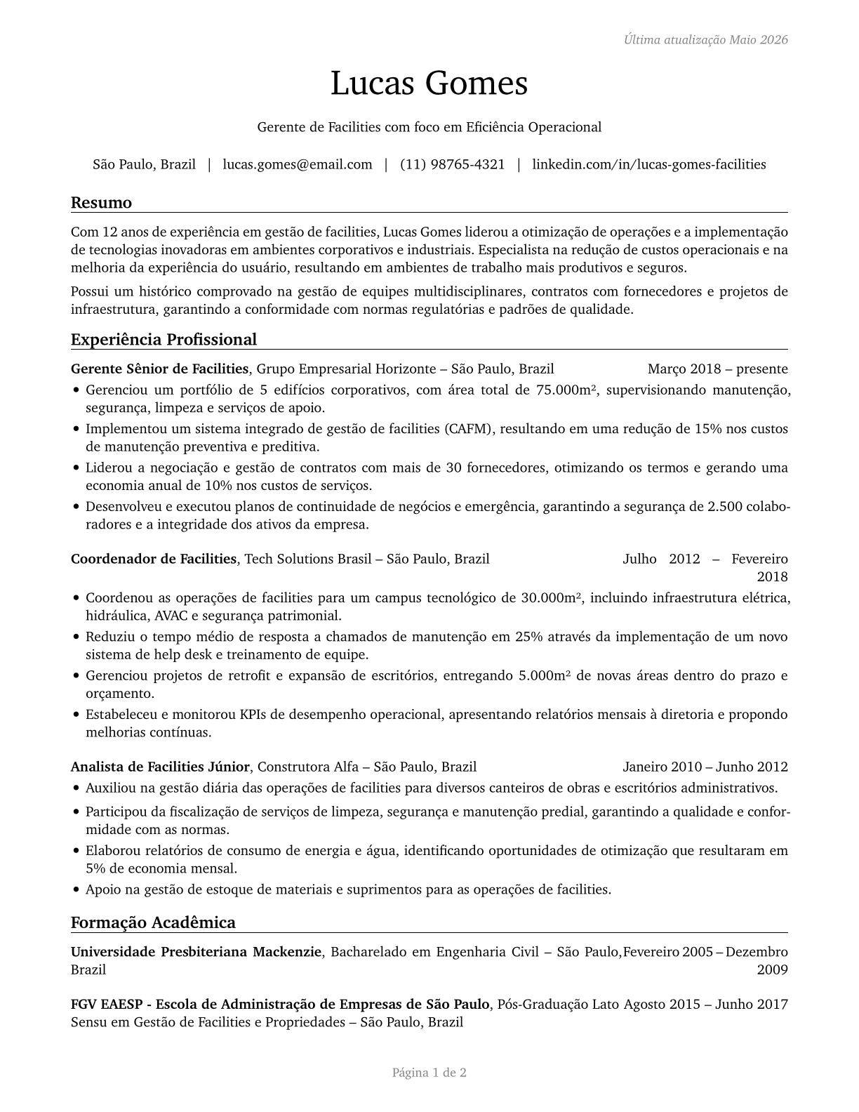 Facilities Managers CV in Portuguese — page 1