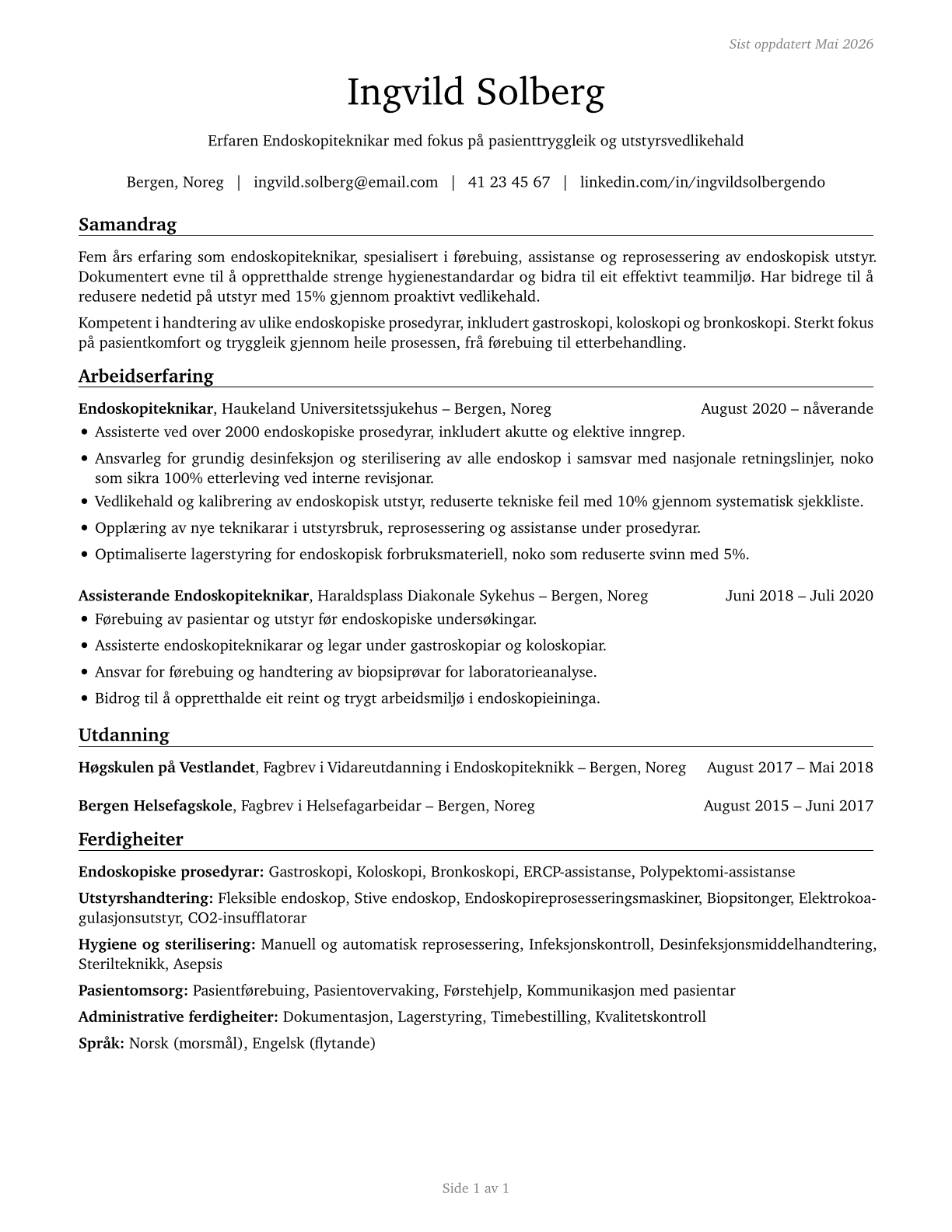 Endoscopy Technicians CV in Norwegian_nynorsk — page 1