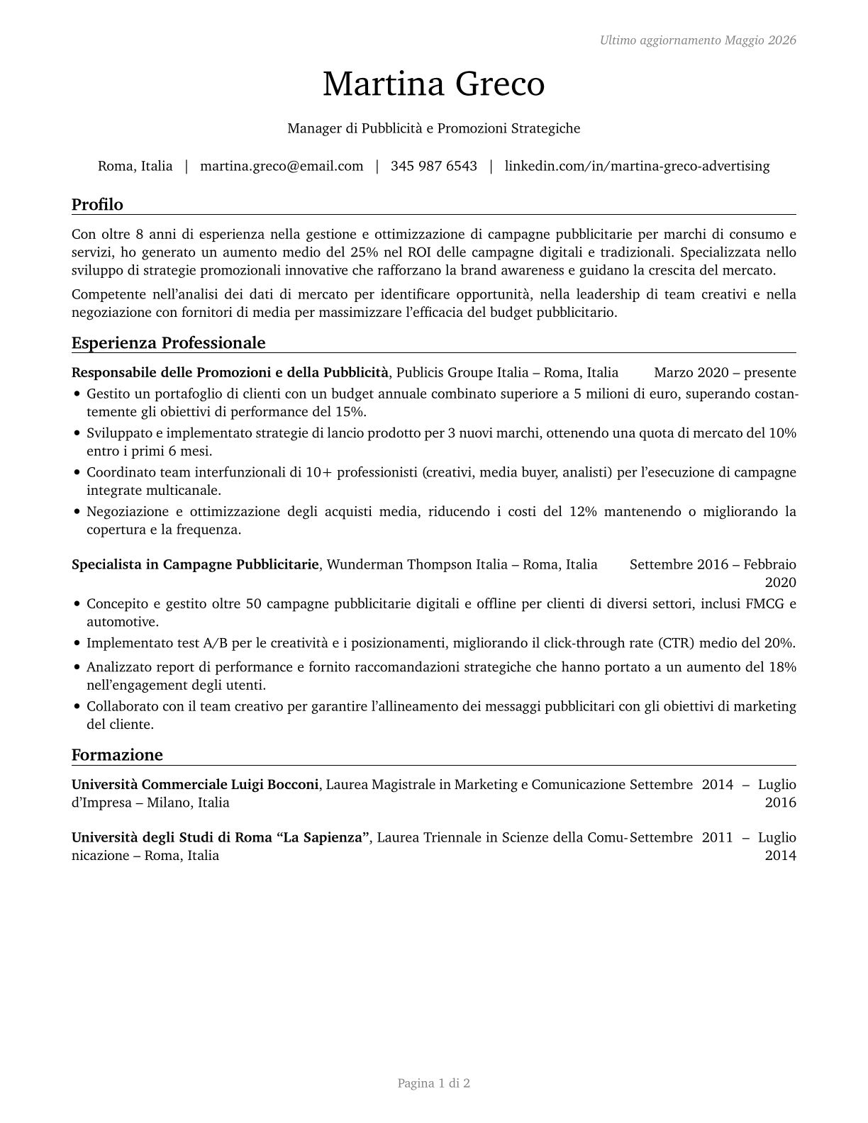 Advertising and Promotions Managers CV in Italian — page 1