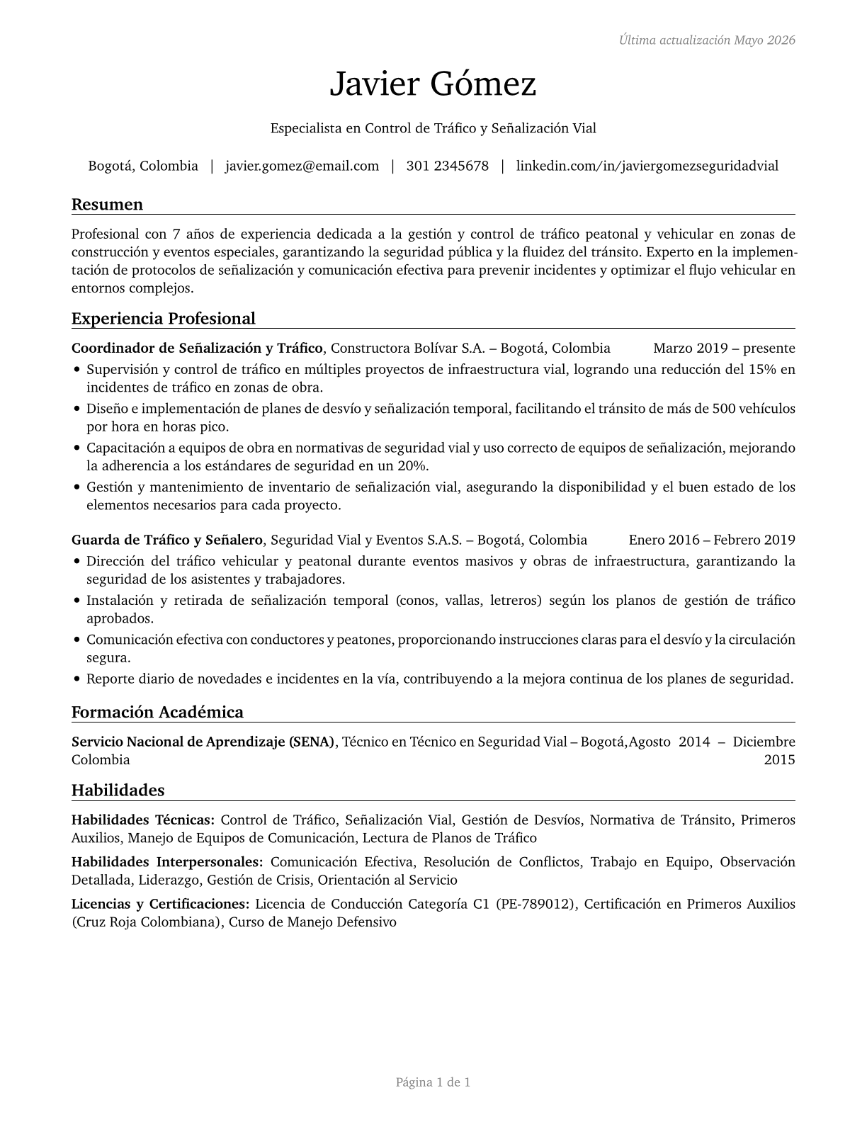 Crossing Guards and Flaggers CV in Spanish — page 1