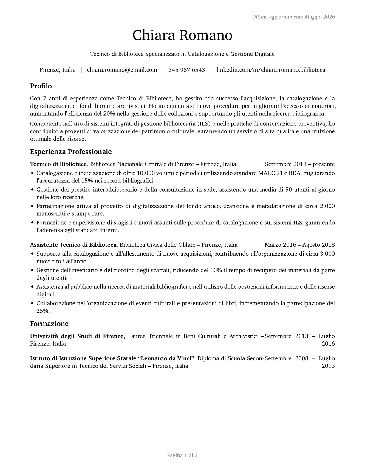 Library Technicians CV in Italian — page 1