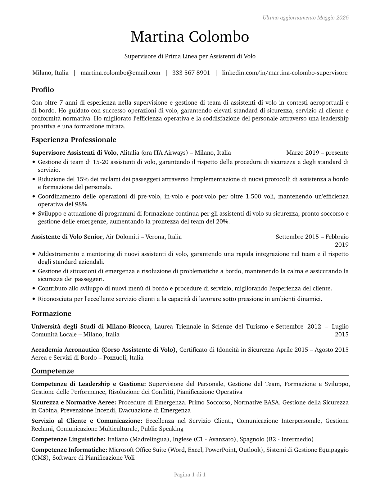 First-Line Supervisors of Passenger Attendants CV in Italian — page 1