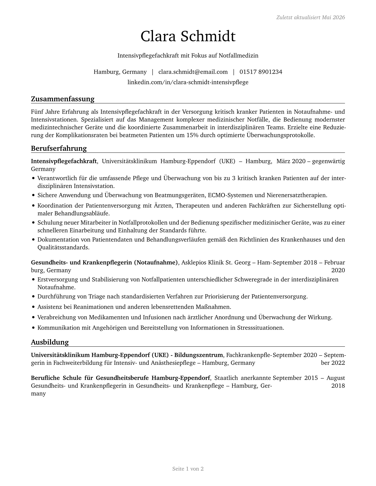 Critical Care Nurses CV in German — page 1