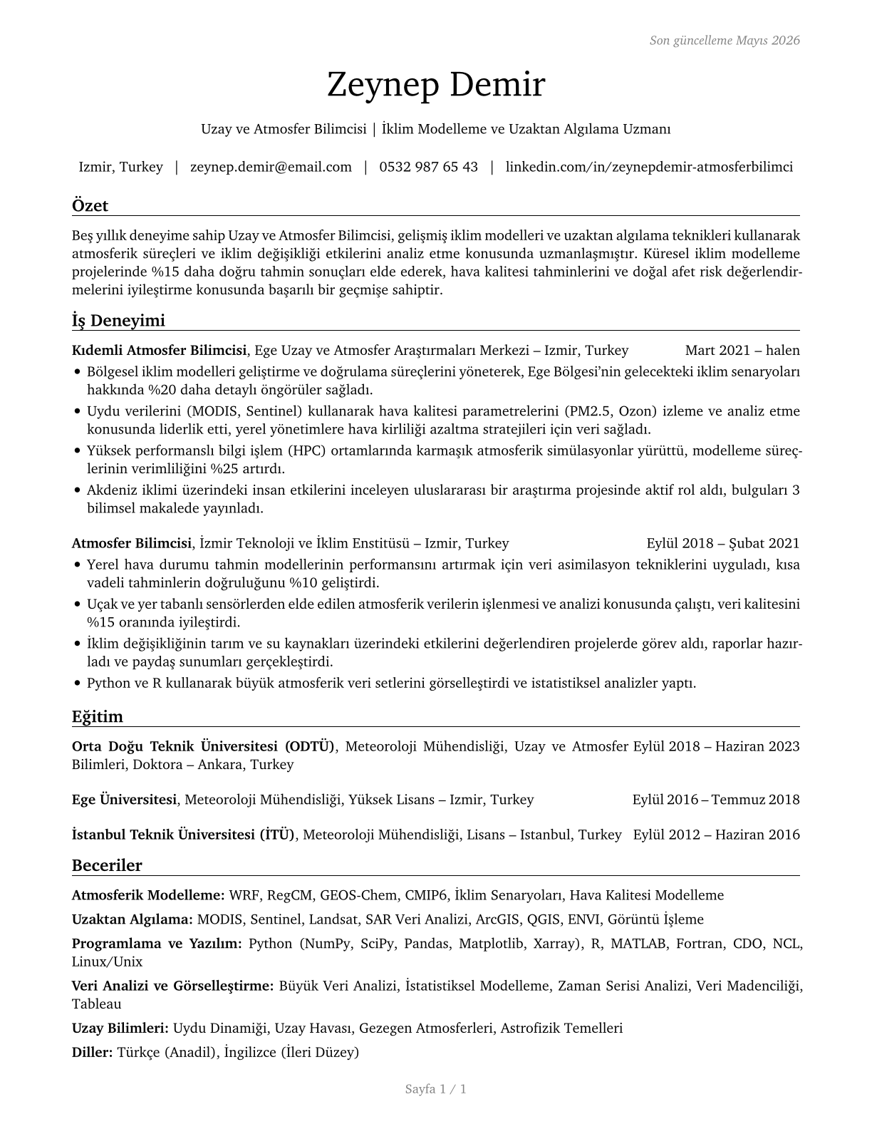Atmospheric and Space Scientists CV in Turkish — page 1