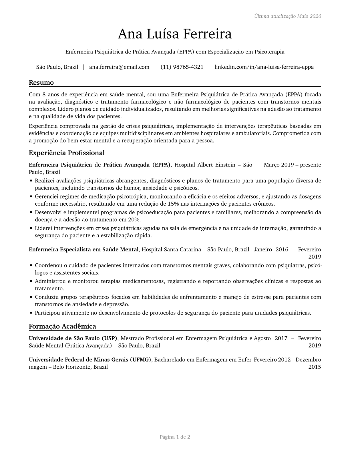 Advanced Practice Psychiatric Nurses CV in Portuguese — page 1