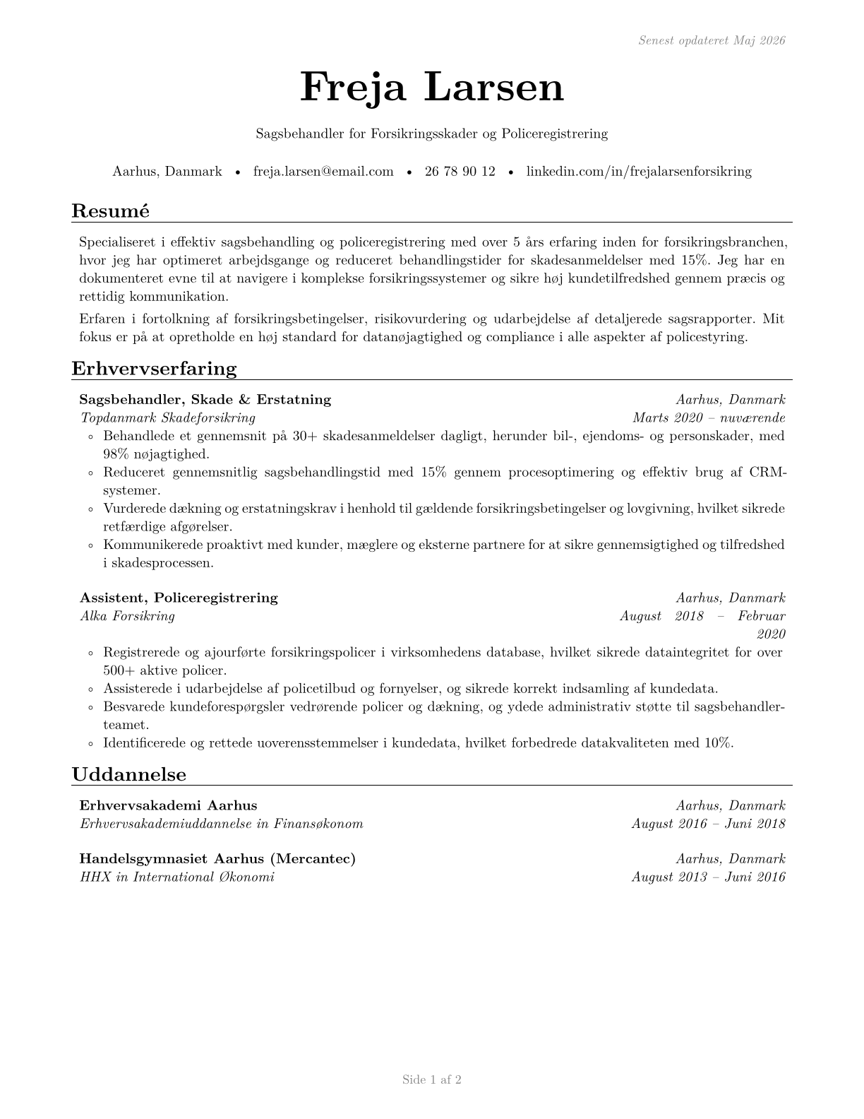 Insurance Claims and Policy Processing Clerks CV in Danish — page 1
