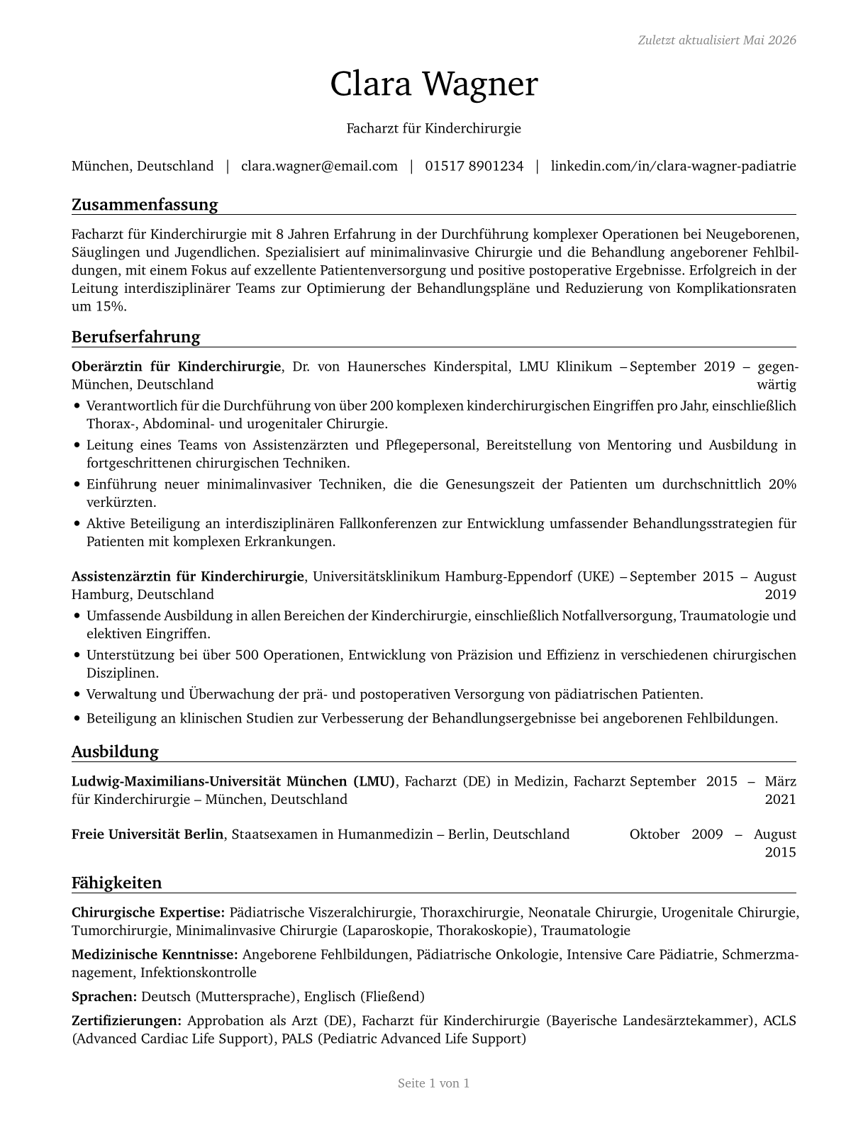 Pediatric Surgeons CV in German — page 1