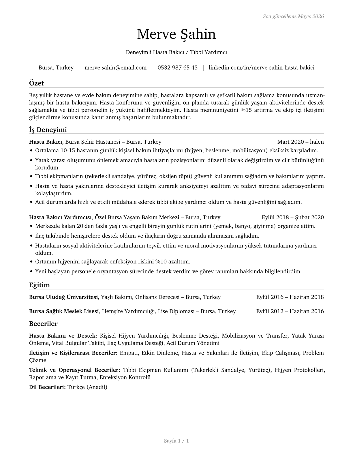 Orderlies CV in Turkish — page 1