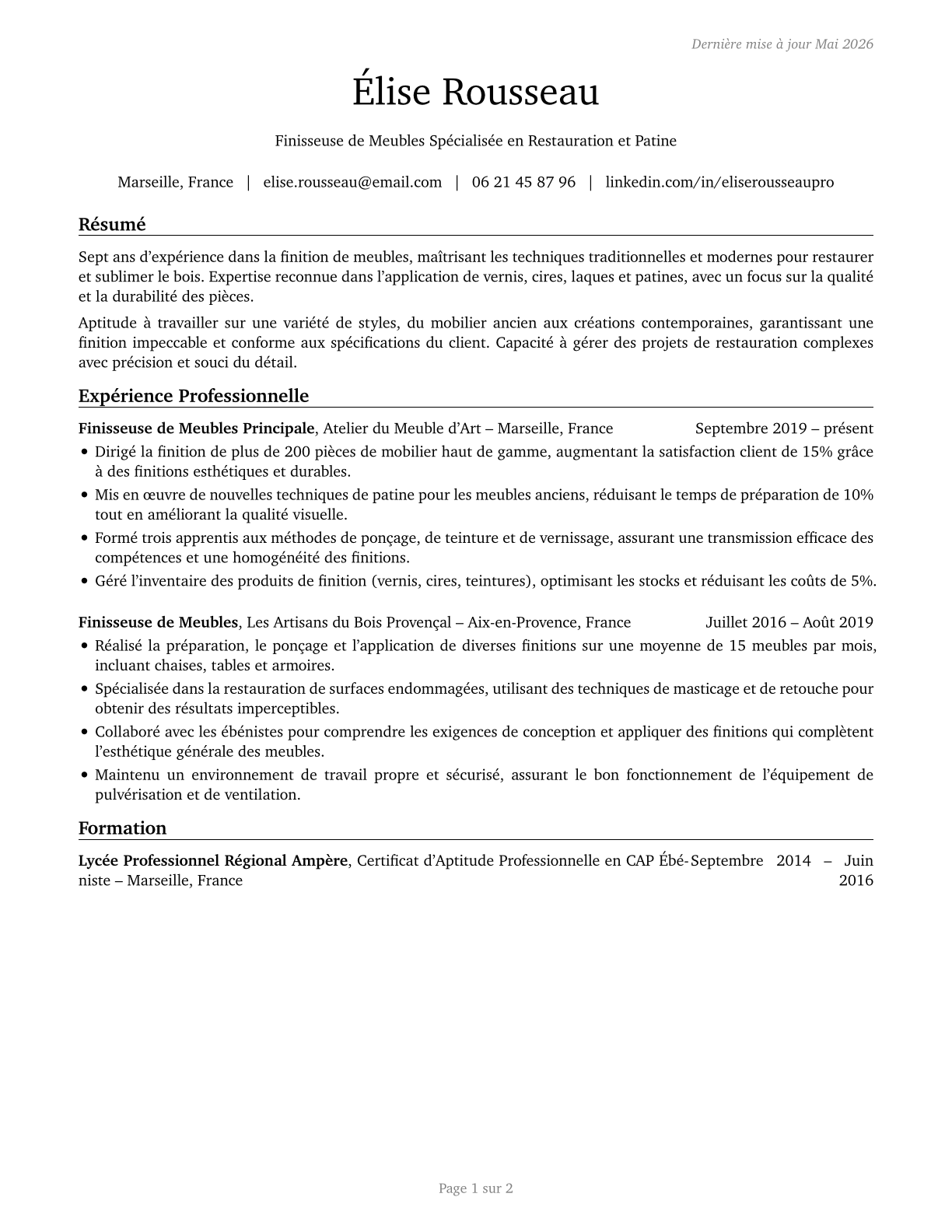 Furniture Finishers CV in French — page 1