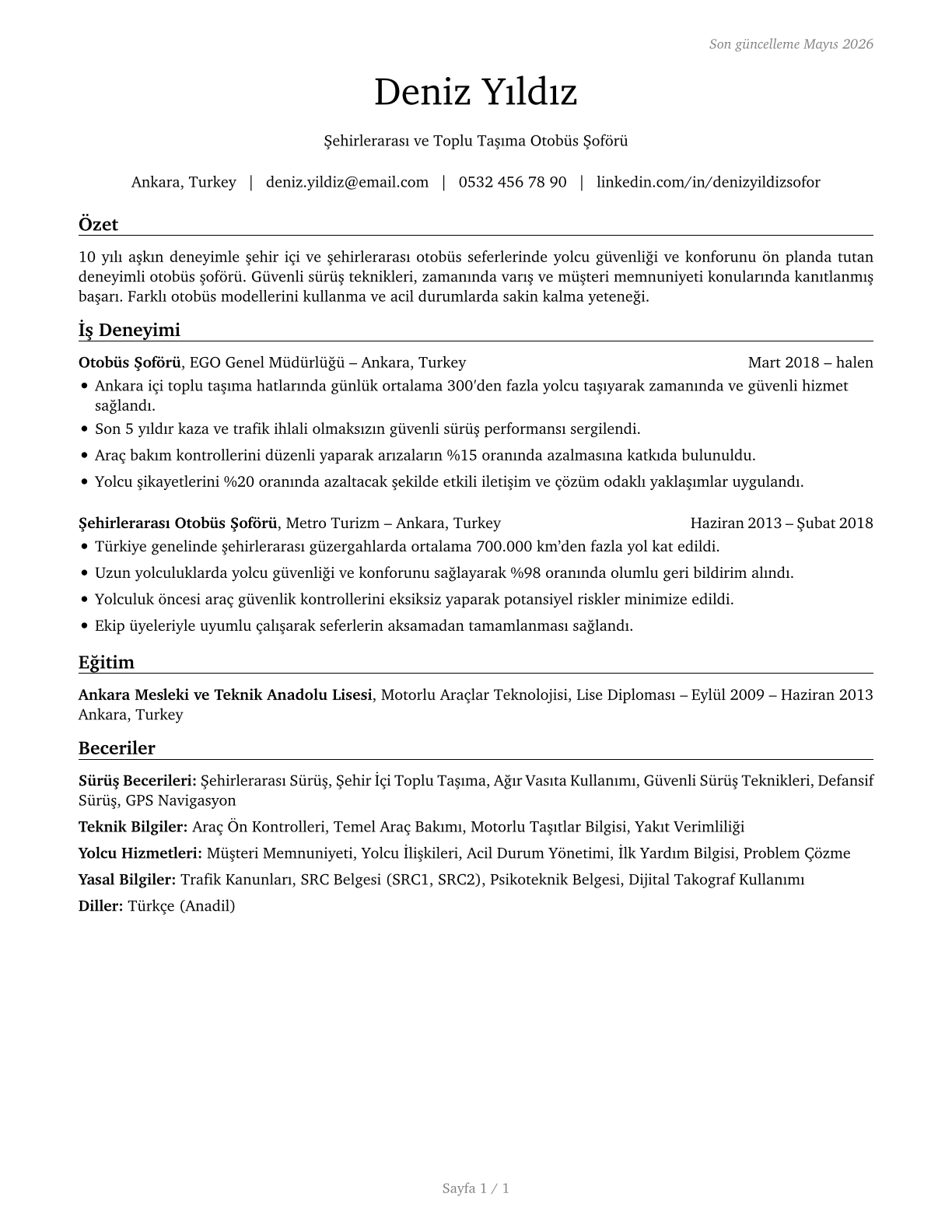 Bus Drivers, Transit and Intercity CV in Turkish — page 1