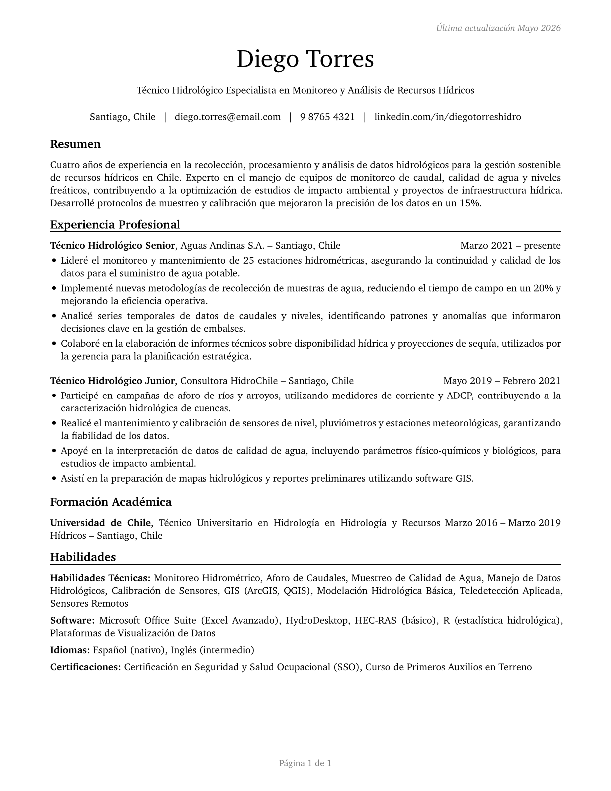 Hydrologic Technicians CV in Spanish — page 1