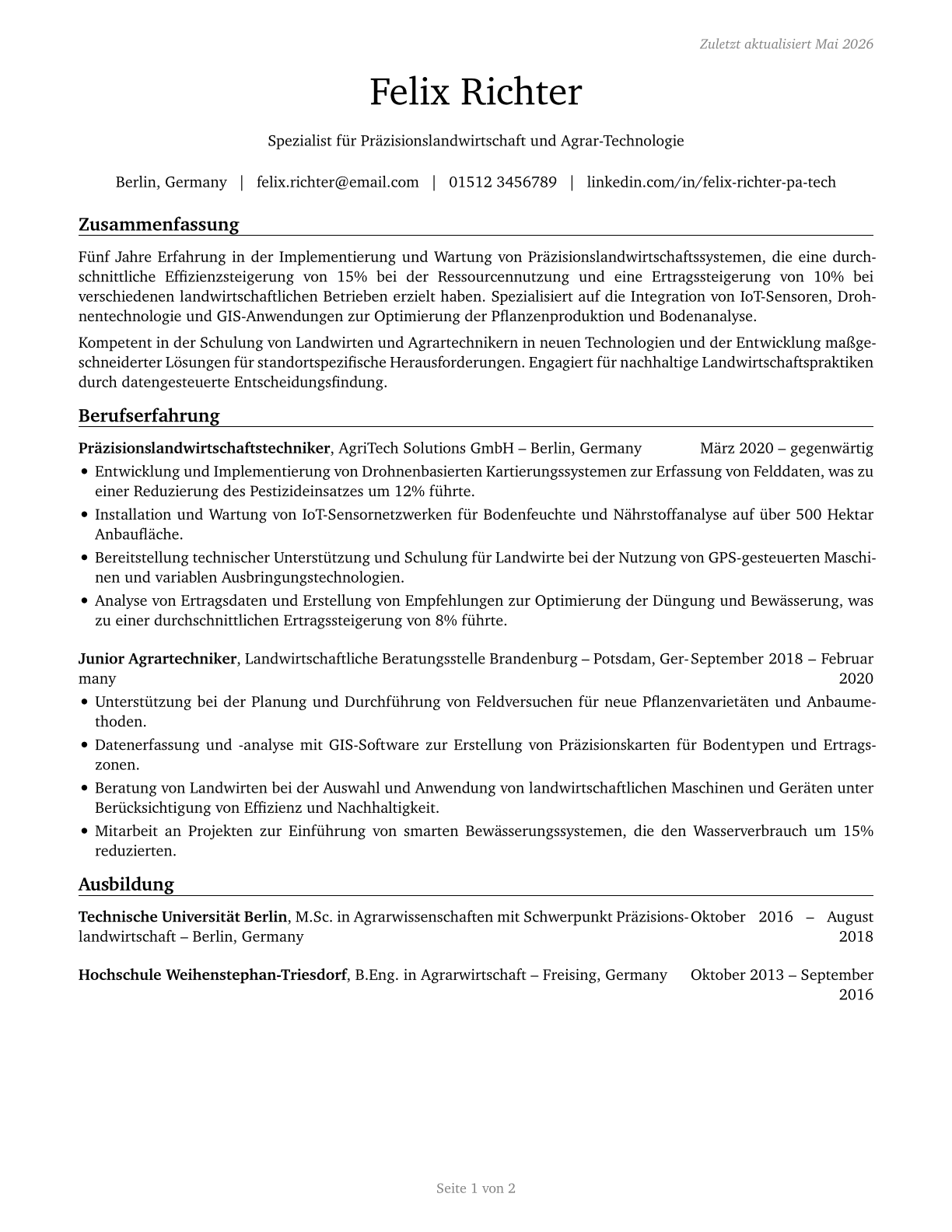 Precision Agriculture Technicians CV in German — page 1