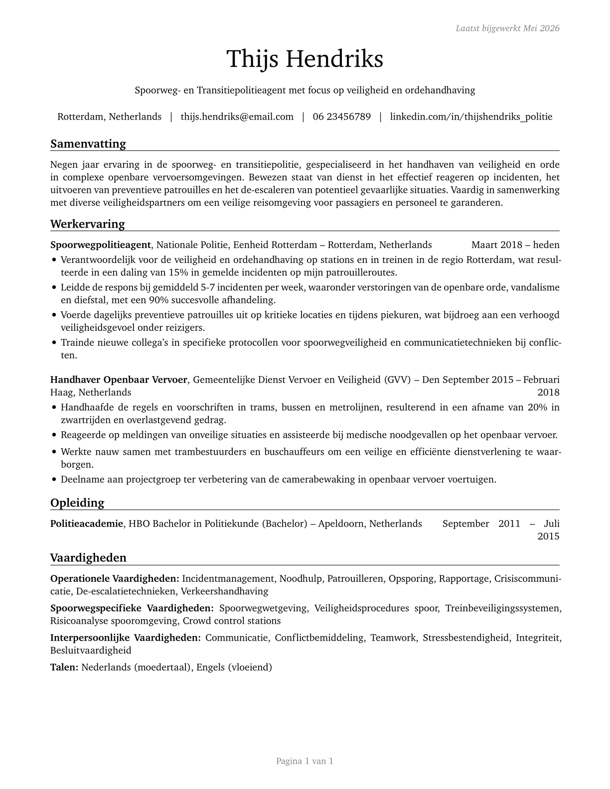 Transit and Railroad Police CV in Dutch — page 1