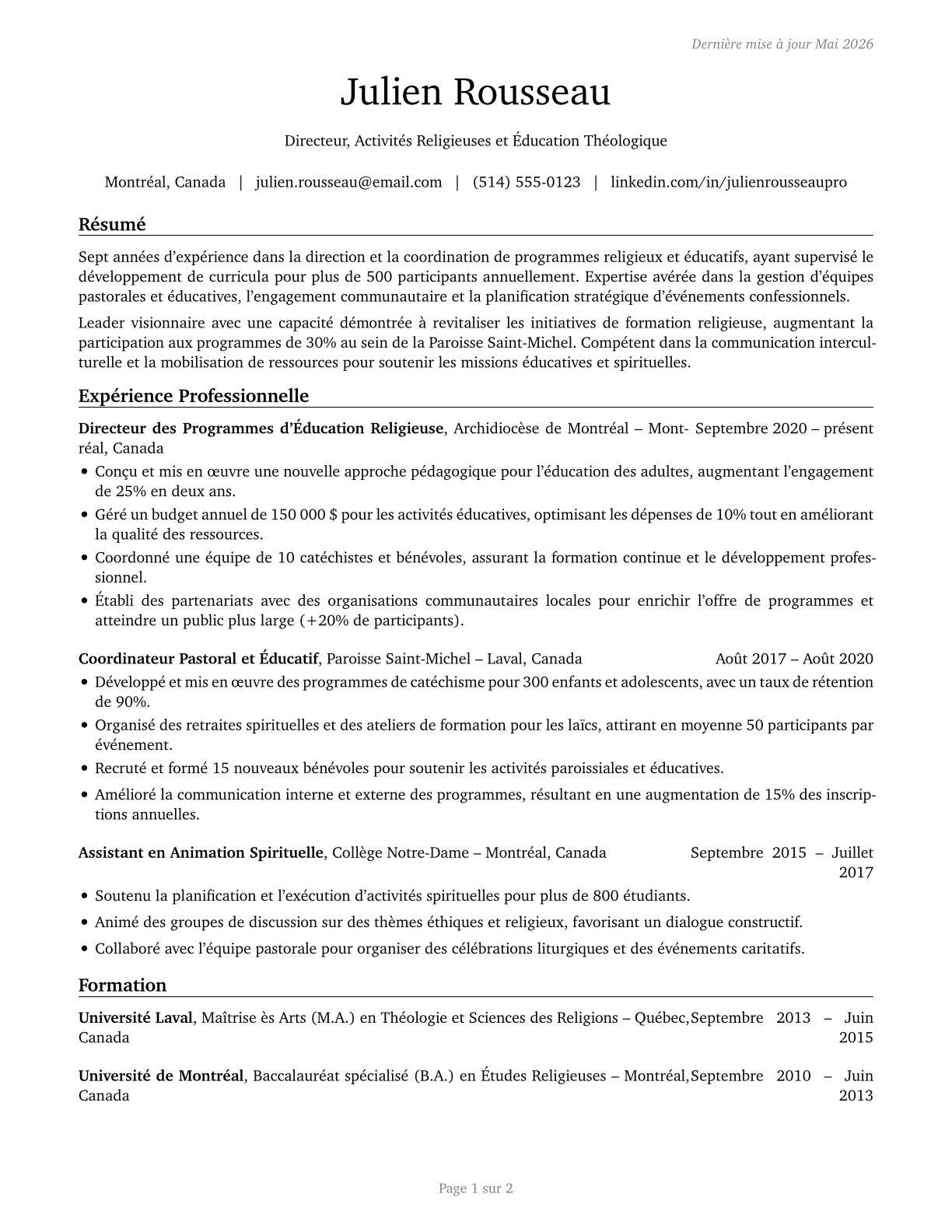 Directors, Religious Activities and Education CV in French — page 1