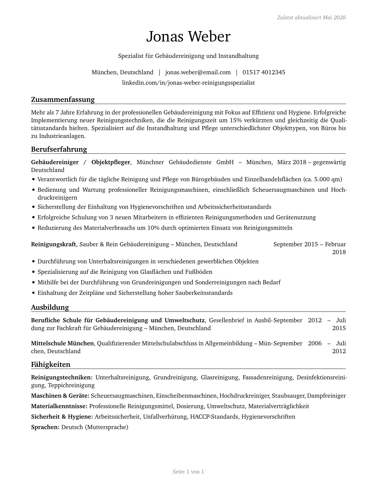 Janitors and Cleaners, Except Maids and Housekeeping Cleaners CV in German — page 1