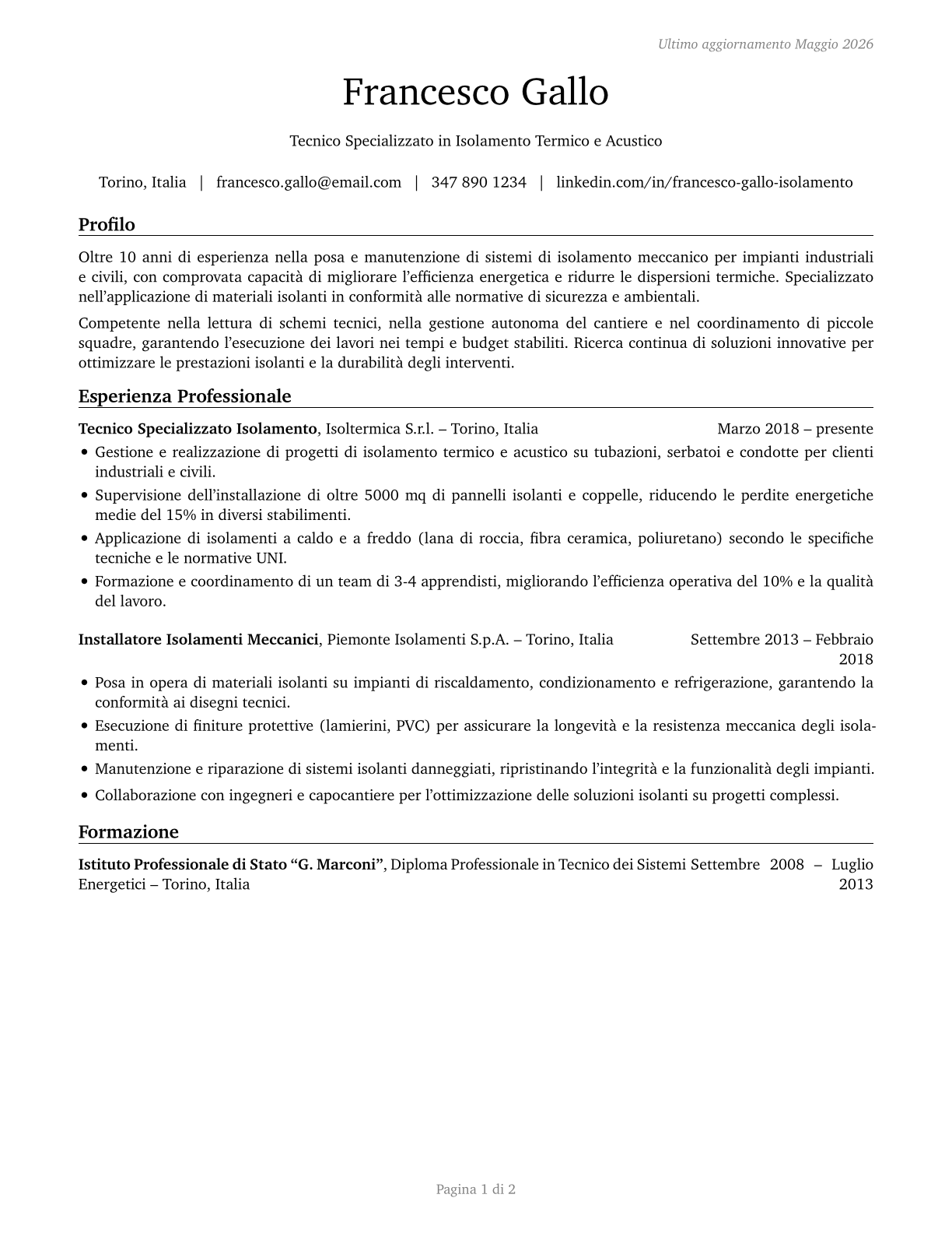 Insulation Workers, Mechanical CV in Italian — page 1