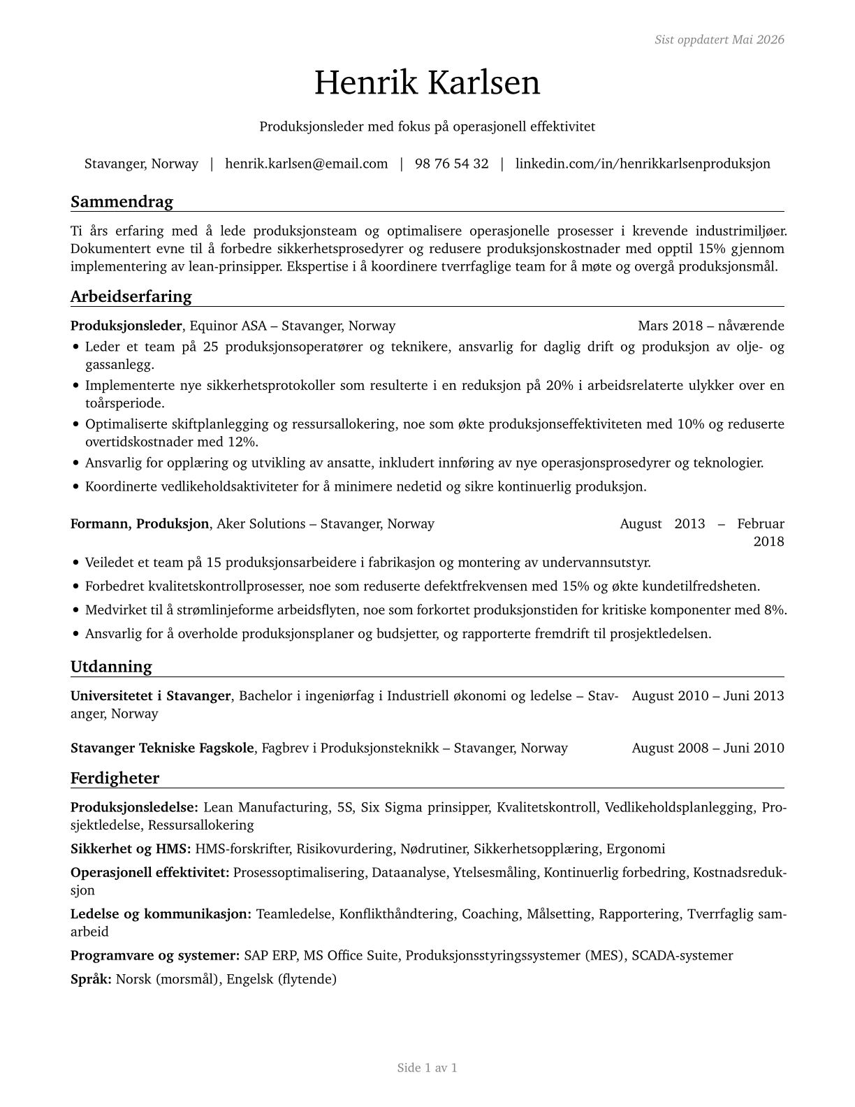 First-Line Supervisors of Production and Operating Workers CV in Norwegian_bokmal — page 1