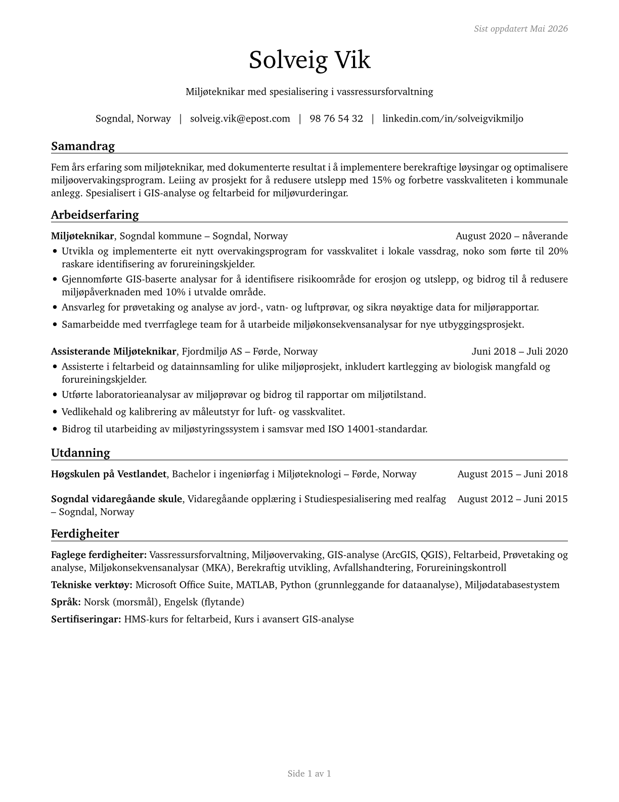 Environmental Engineering Technologists and Technicians CV in Norwegian_nynorsk — page 1