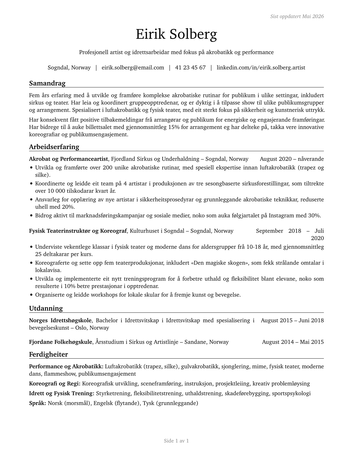 Entertainers and Performers, Sports and Related Workers, All Other CV in Norwegian_nynorsk — page 1