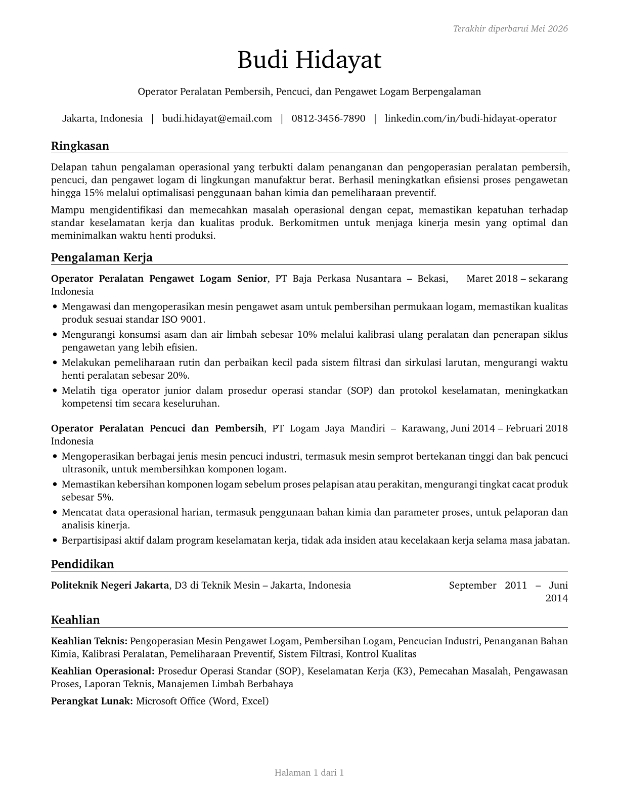 Cleaning, Washing, and Metal Pickling Equipment Operators and Tenders CV in Indonesian — page 1