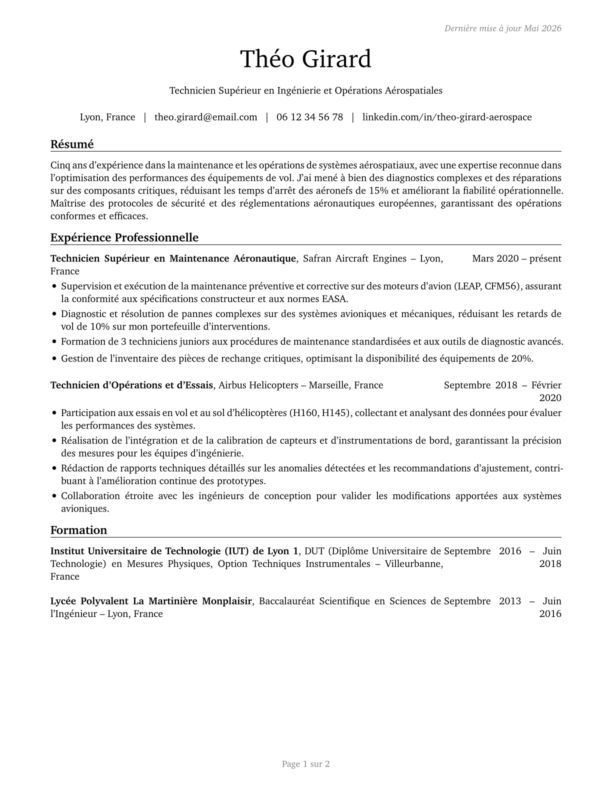 Aerospace Engineering and Operations Technologists and Technicians CV in French — page 1