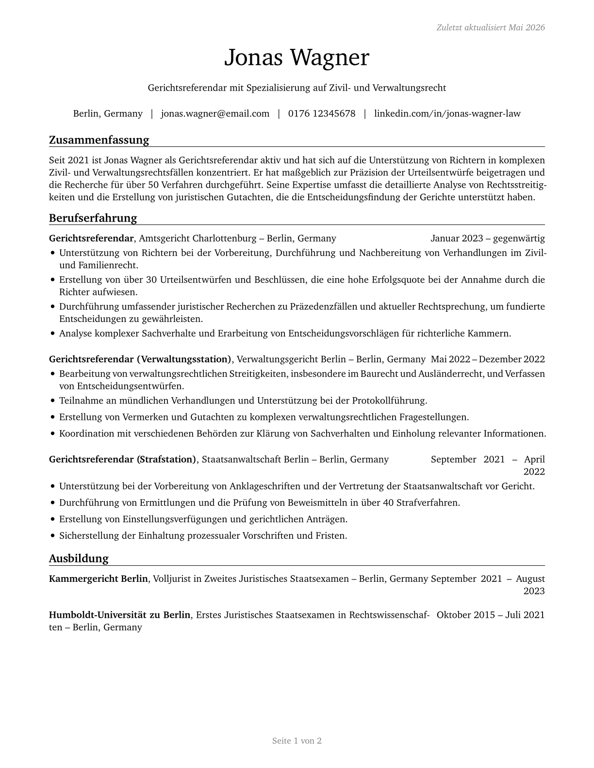 Judicial Law Clerks CV in German — page 1