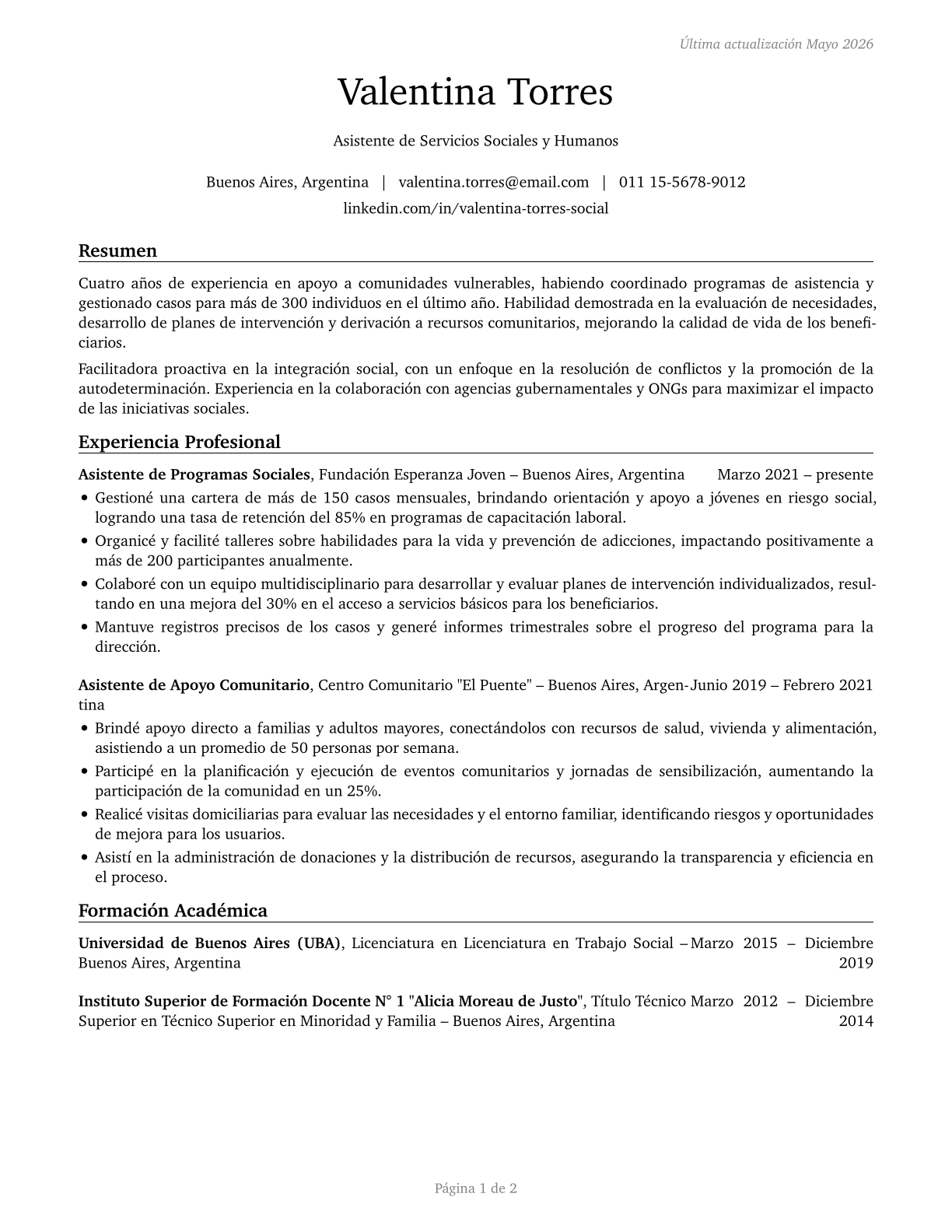 Social and Human Service Assistants CV in Spanish — page 1