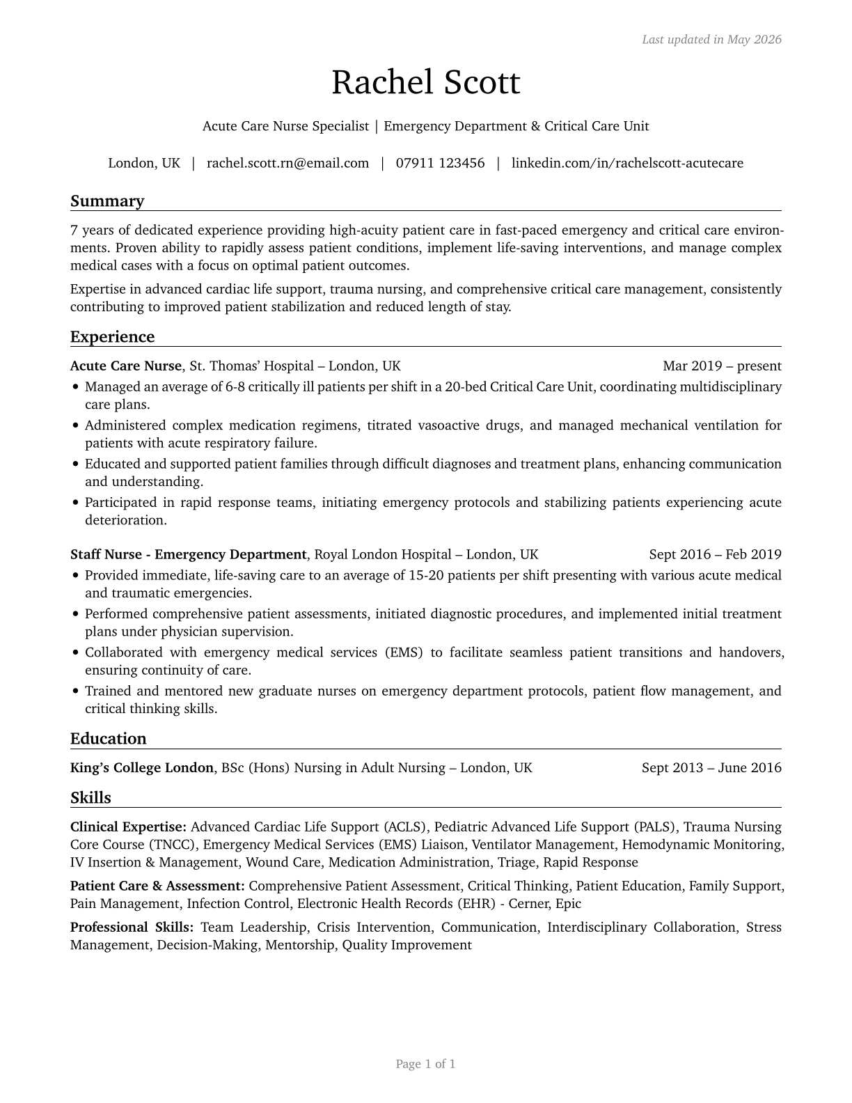 Acute Care Nurses CV in English — page 1