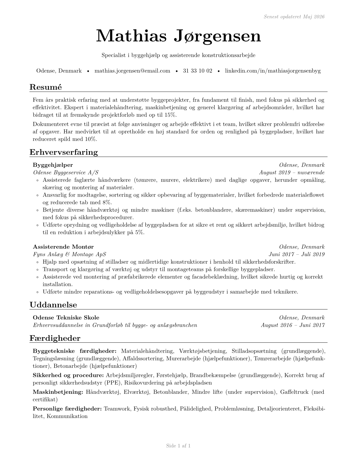 Helpers, Construction Trades, All Other CV in Danish — page 1