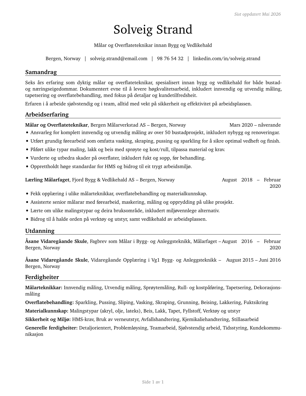 Painters, Construction and Maintenance CV in Norwegian_nynorsk — page 1