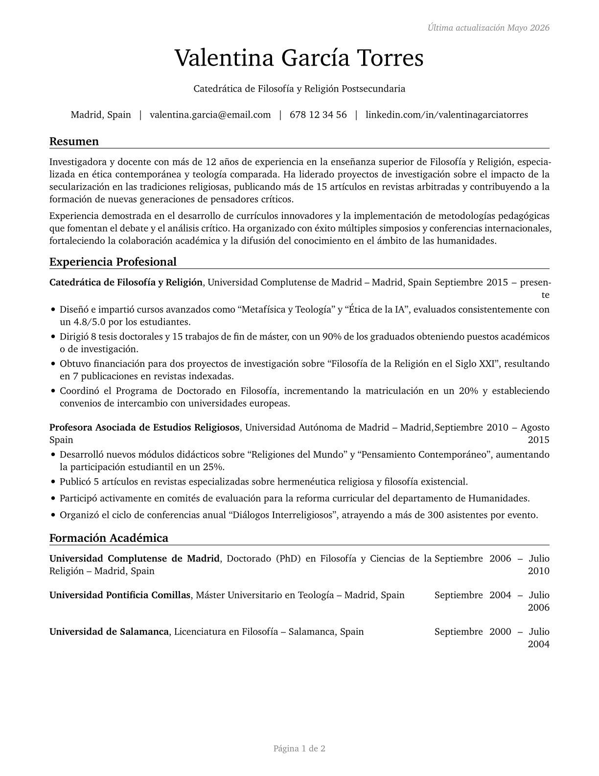 Philosophy and Religion Teachers, Postsecondary CV in Spanish — page 1