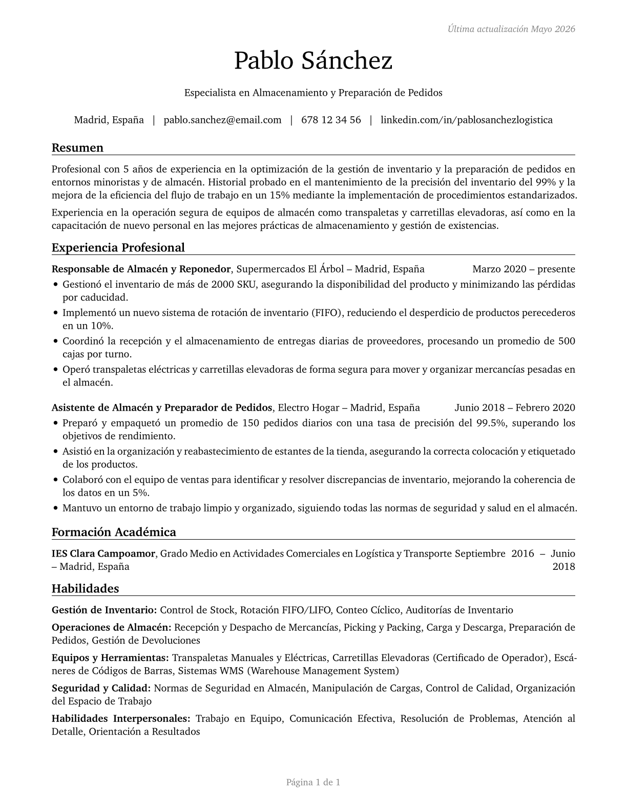 Stockers and Order Fillers CV in Spanish — page 1
