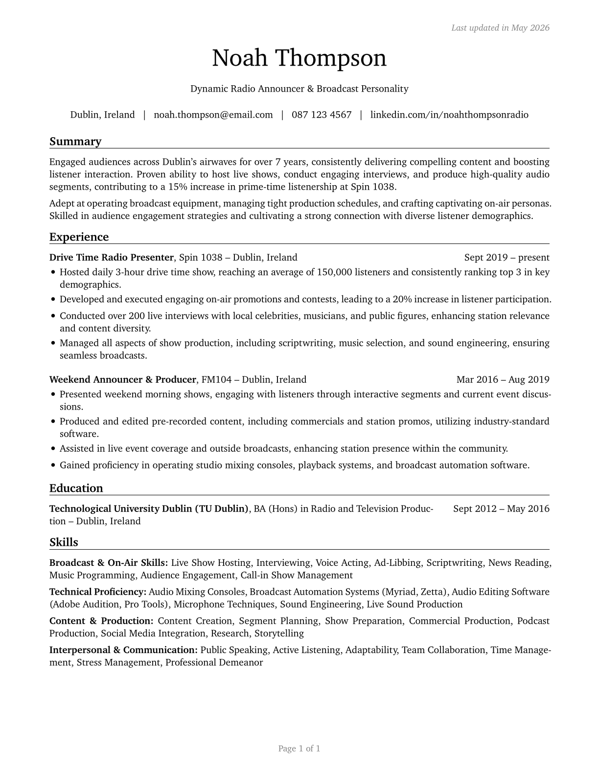 Broadcast Announcers and Radio Disc Jockeys CV in English — page 1